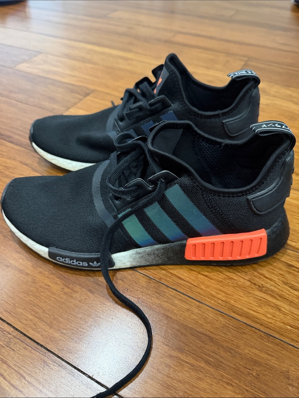 adidas NMD R1 Black with Orange Accents and Green/Blue Stripes